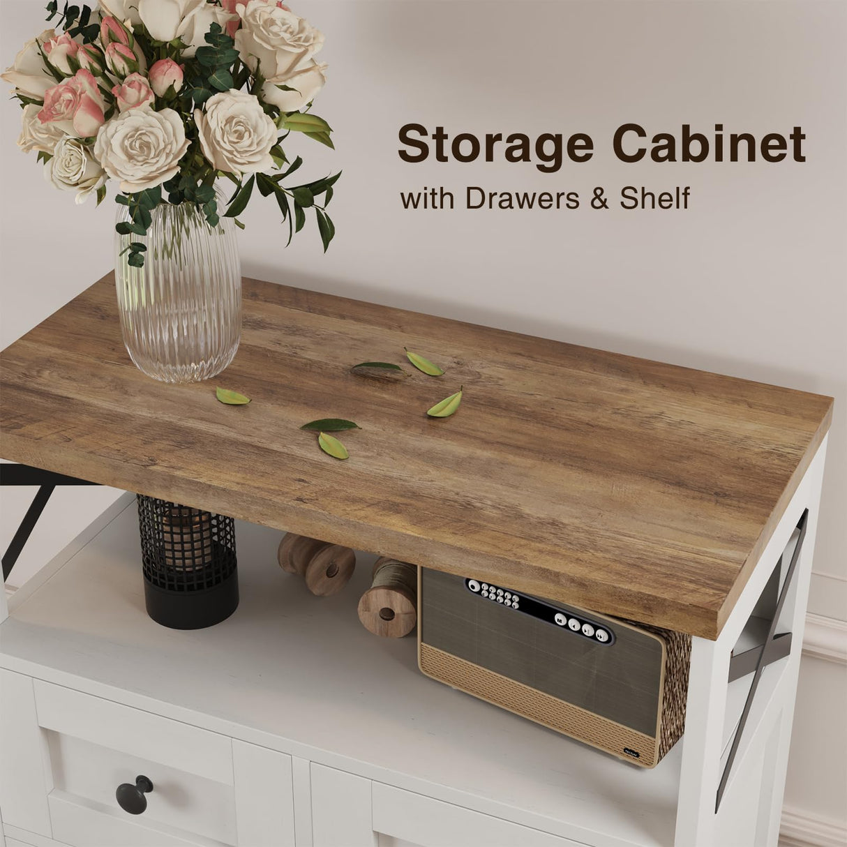 Befrases Set of 2 Farmhouse Storage Cabinet with Barn Doors and Drawers, Freestanding Kitchen Pantry, Floor Storage Cabinet Hutch Cupboard for Kitchen, Laundry, Living Room, White Befrases