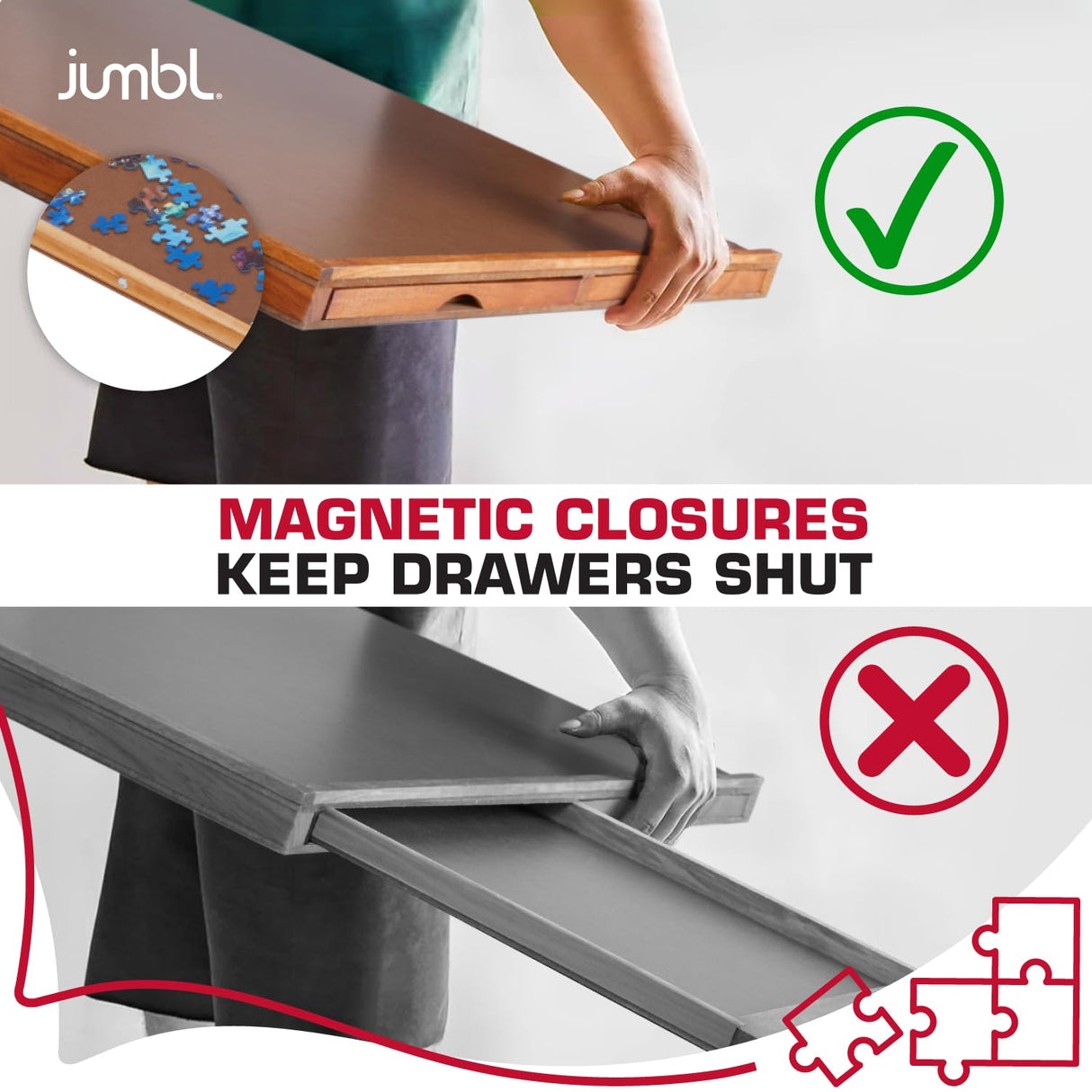 Jumbl 1500-Piece Puzzle Board | 27” x 35” Jigsaw Puzzle Table | 6 Removable Magnetic Sorting Drawers | Smooth Plateau Fiberboard Work Surface & Hardwood Construction | for Games & Puzzles Jumbl
