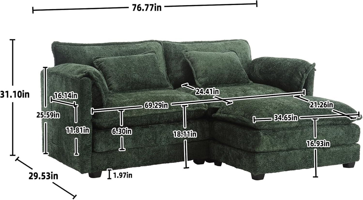 ZEIINPA L Shaped Sectional Sofa Cloud Couch for Living Room, 77" Chenille Comfy Boucle Modular loveseat Sofa, Modern Upholstery Sofa with Ottoman & Memory Foam, Emerald Green ZEIINPA
