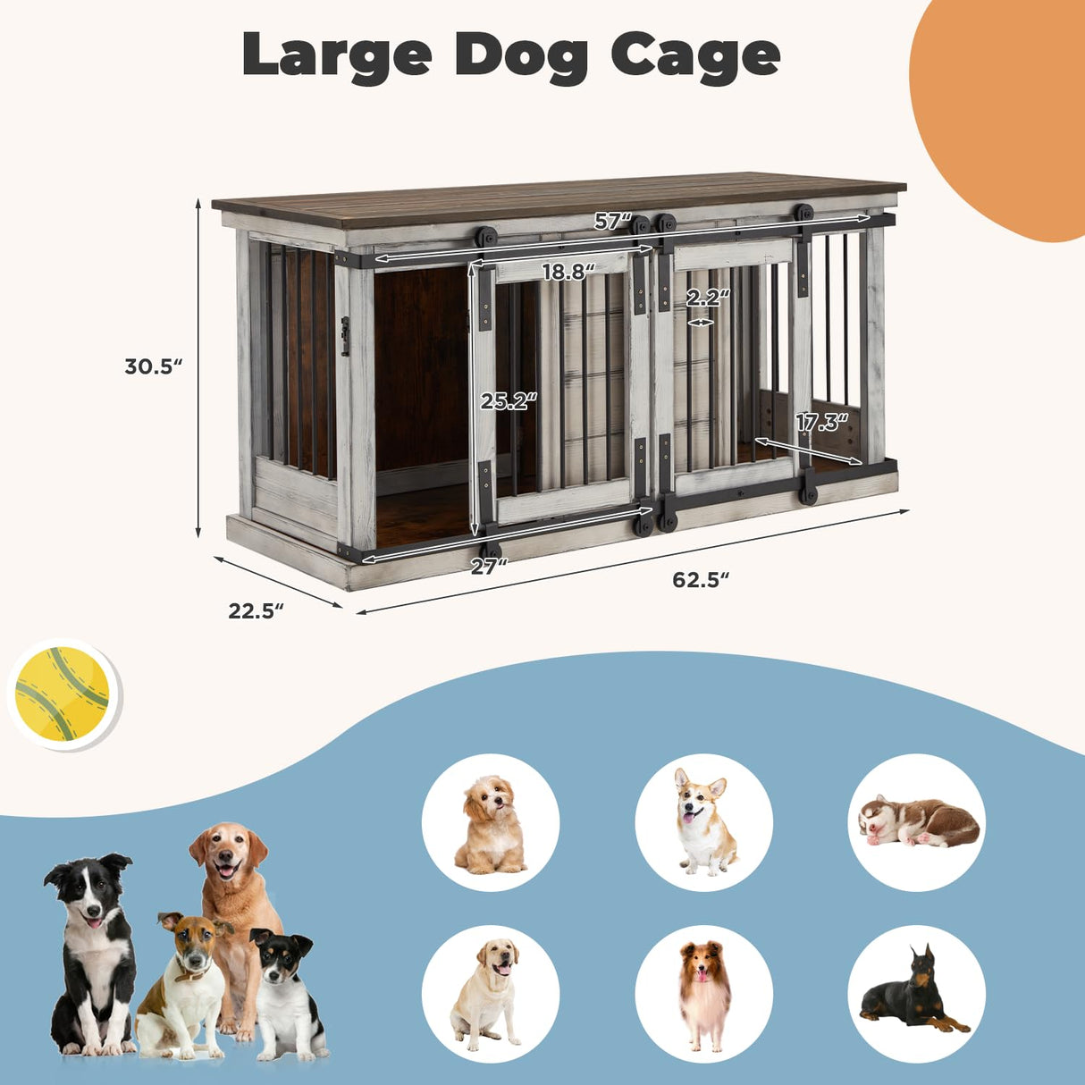 Erinnyees Large Dog Crate Furniture, 62.5'' Solid Wood Furniture Style Dog Crate with Removable Divider, Bite Resistant Dog Kennel Indoor, Dog Cage with Double Sliding Barn Door Design, White Erinnyees