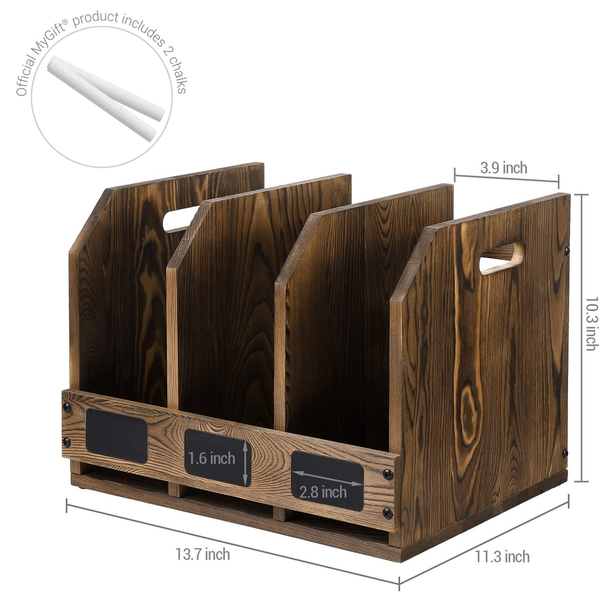 MyGift Rustic Burnt Brown Wood Office Desktop Document File Folder Binder Storage Organizer Rack with 3 Compartments and Chalkboard Labels MyGift