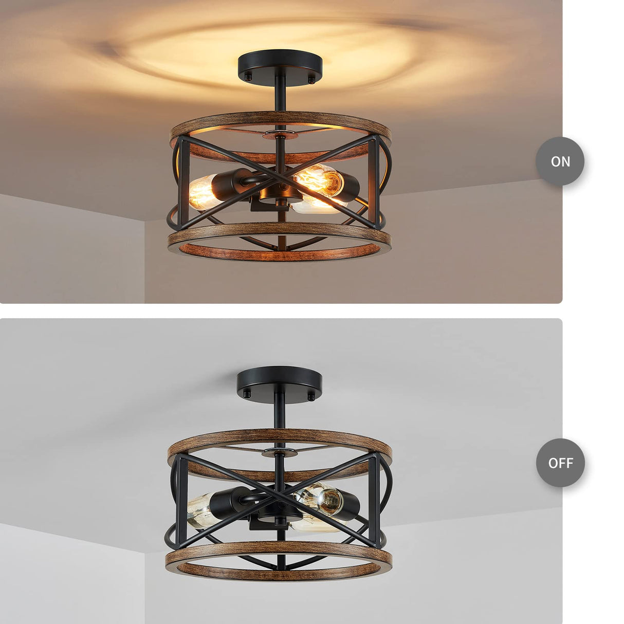 WUZUPS Chandelier 3-Light Imitation Wood Grain Vintage Farmhouse Industrial Semi-Flushmount Ceiling Light Lighting Fixture for Foyer Hallway Storage Room Kitchen Bathroom, H 9.4" W 12", Black WUZUPS