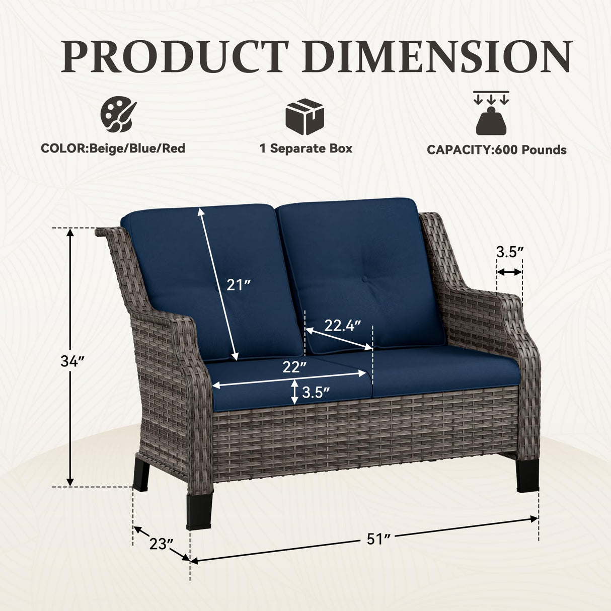 Audumas Outdoor Patio Loveseat, All-Weather 2-Seater Wicker Loveseat with Cushions, Outdoor Patio Love Seat Sofa for Garden, Balcony and Deck Audumas