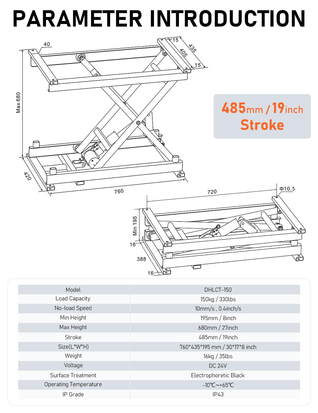 DIHOOL Electric Scissor Lift Table 350LB Load, 195-680MM Height Adjustable Electric Lifting Platform DIHOOL