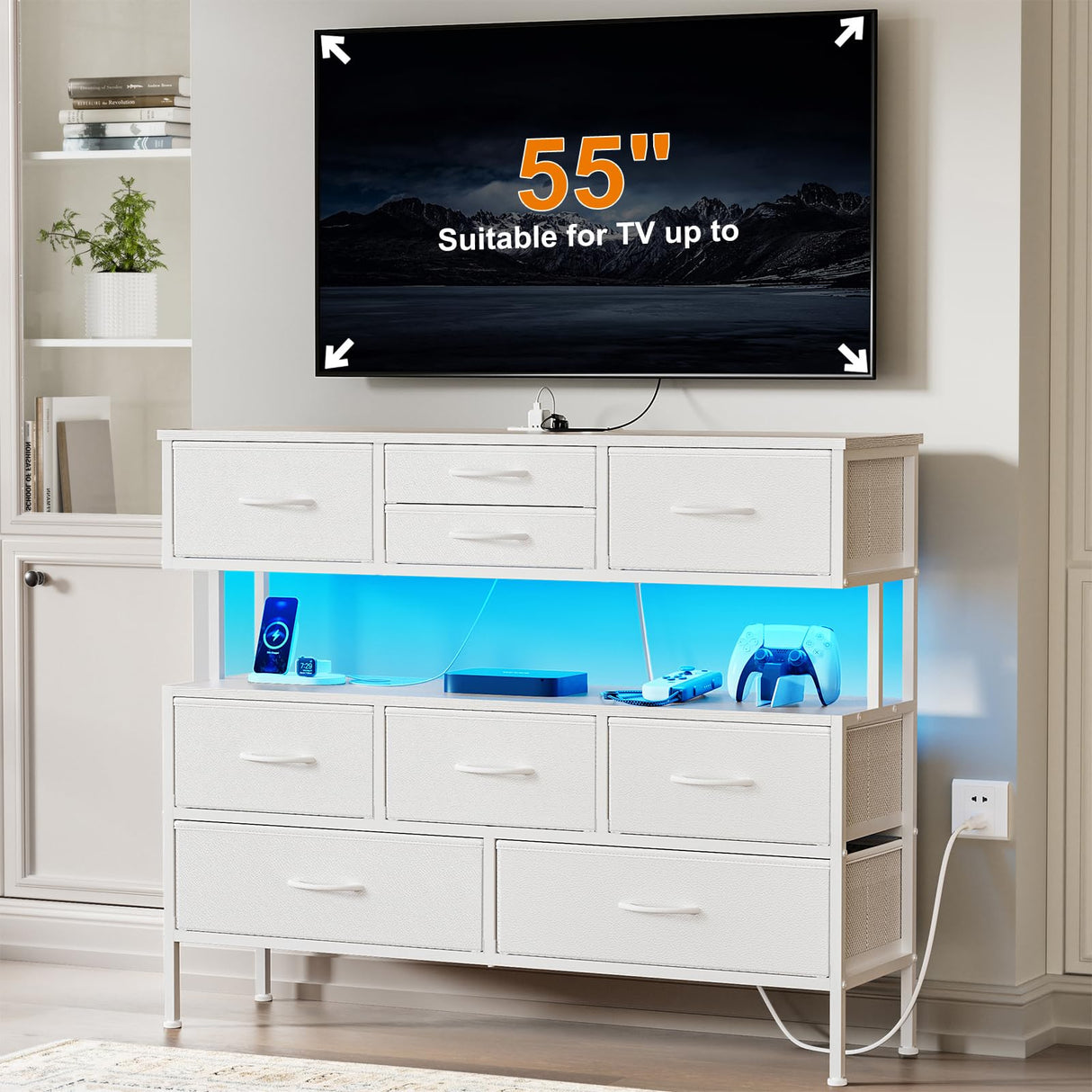 REAHOME Dresser TV Stand with Charging Station and LED Lights, 55” TV Stand with 9 Drawers, Fabric Dresser for Bedroom, Steel Frame, Large Storage Chest of Drawers for Closet, Living Room, White REAHOME