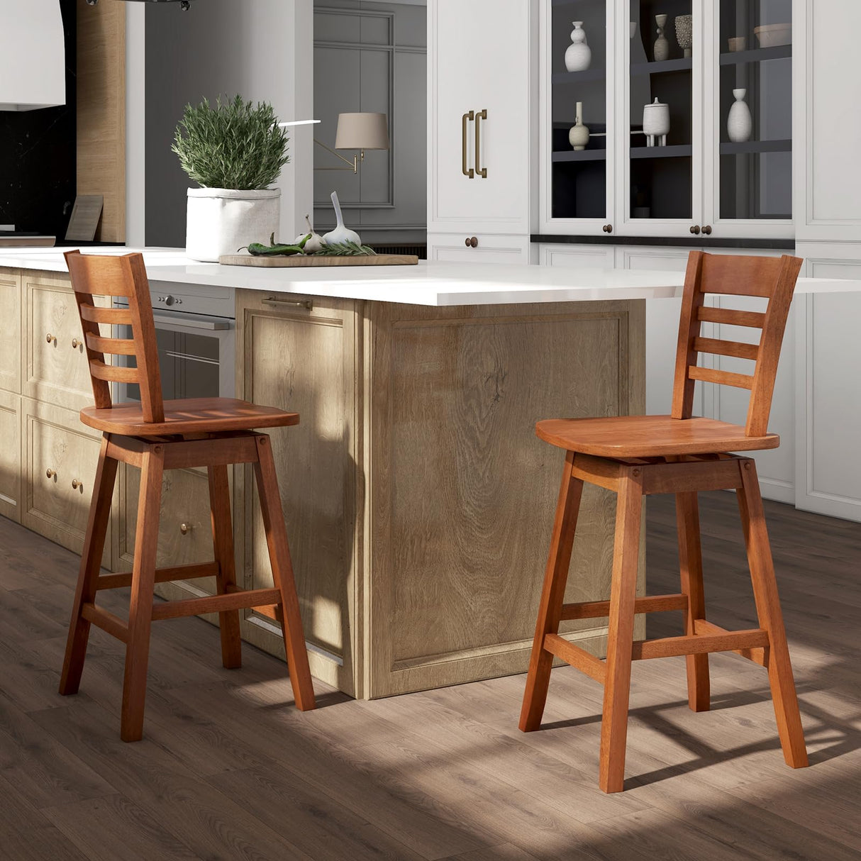 Giantex Wood Bar Stools Set of 2, 24.5" Swivel Counter Height Bar Stools with Slatted Hollow Back & Ergonomic Contoured Seat, Footrest, Farmhouse Wooden Barstools for Kitchen Island, Bar, Cafe, Walnut Giantex