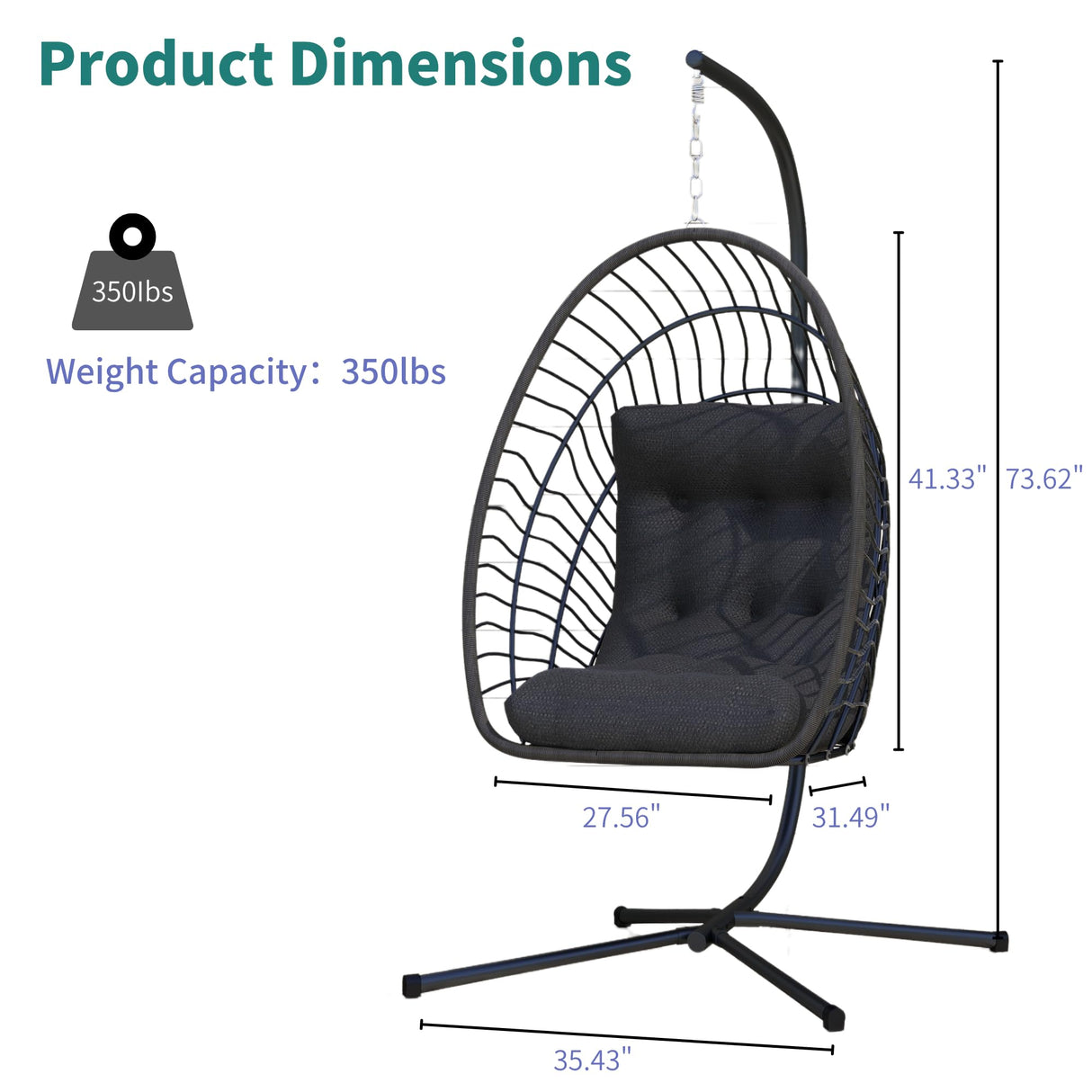 Kingdura Hanging Egg Chair with Stand Indoor Outdoor, Foldable Rattan Wicker Hammock Egg Swing Chair for Bedroom Porch Patio Garden, Thickened Cushion, 350LBS Capacity, Heavy Duty Frame Kingdura