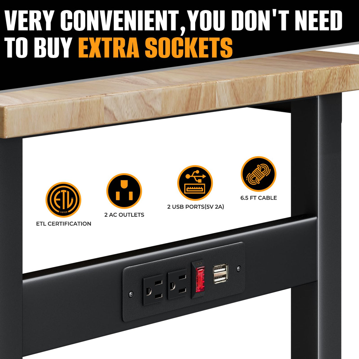 47.5" Adjustable Workbench, Rubber Wood Top Workbench with Power Outlet, Portable Heavy-Duty Work Bench for Garage, Workshop, Office, Home - 2000 lbs Capacity BMJX US