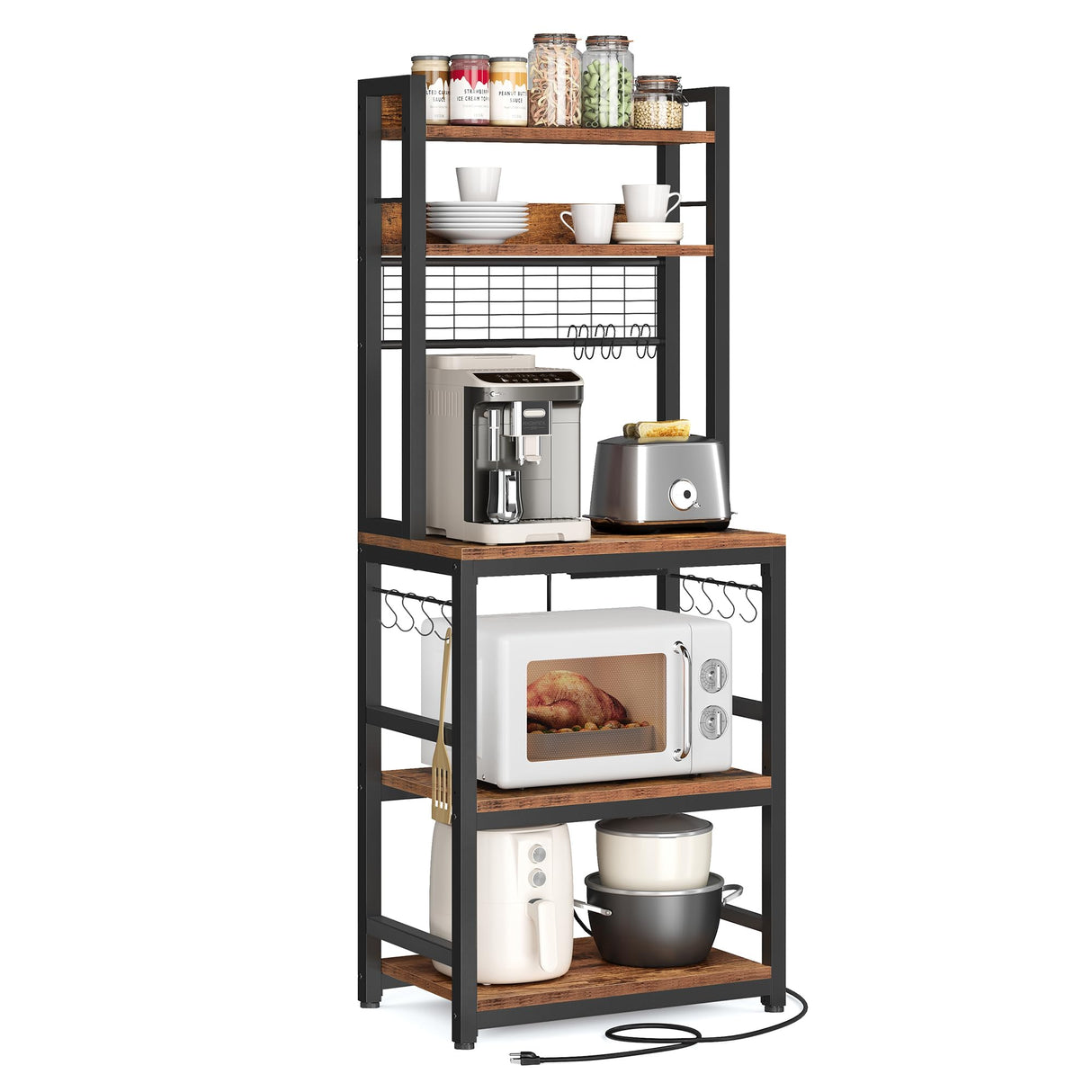 VASAGLE Rustic Brown and Black Microwave Stand with Power Outlet and 14 Hooks, Adjustable Kitchen Bakers Rack VASAGLE