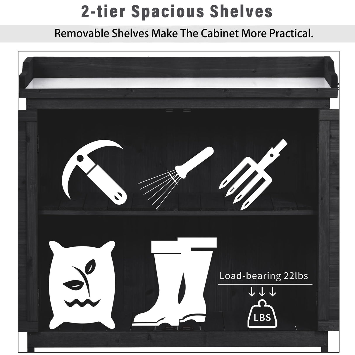 Shaical Outdoor Potting Bench Table 39" Rustic Garden Wood Workstation Storage Cabinet with 2-Tier Shelves and Side Hook, Galvanized Tabletop, Black Shaical