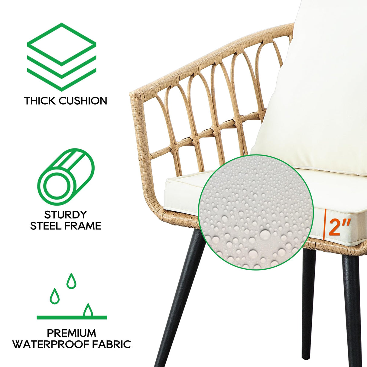 PORWEY 3 Piece Patio Bistro Set, Outdoor Wicker Apartment Balcony Furniture Sets, Rattan Table and Chairs Set of 2 for Porch Backyard Lawn Poolside Deck, Beige PORWEY