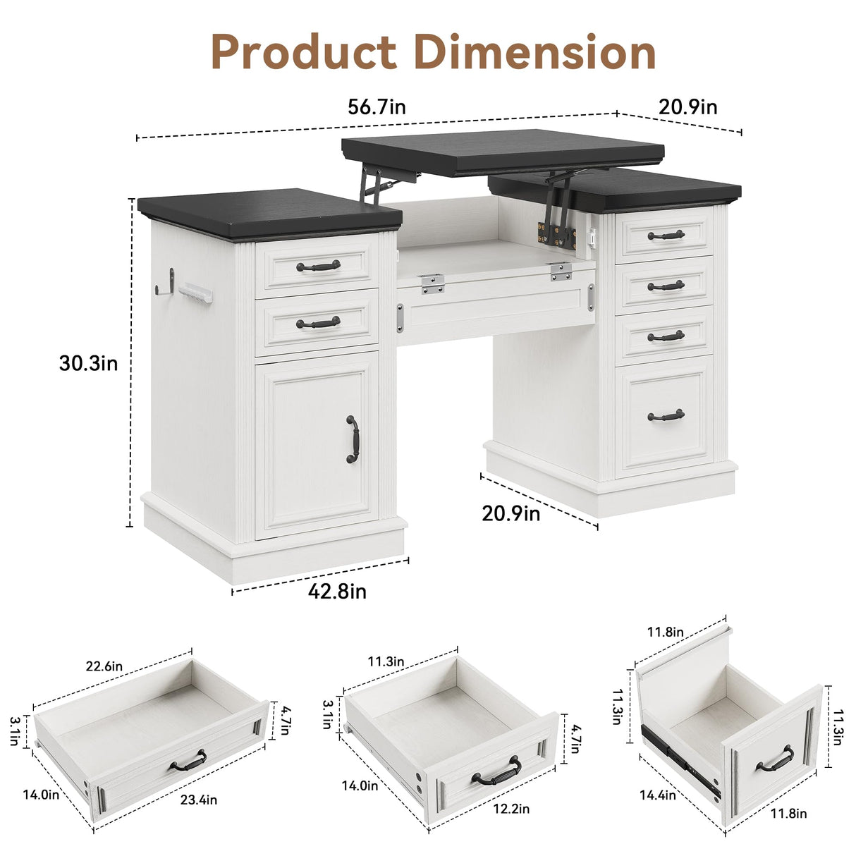 Farmhouse 57" Lift Desktop Executive Desk with 6 Drawers and Charging Station, Wood Home Office Computer Desk with File Cabinet Storage, Keyboard Tray,Headphone hook for Work,Study, Antique White Jocoevol