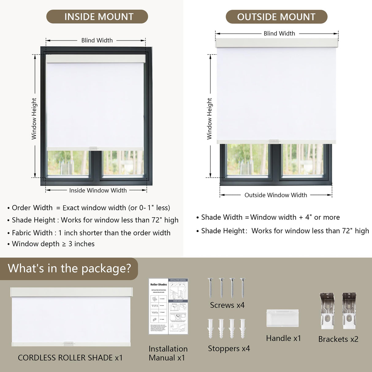 SUNOFF Cordless Blackout Roller Shades Blinds for Windows Free-Stop,Pull Down Room Darkening with Valance,Thermal Insulated Woven Fabric Window Door Blinds for Home,Office,White 34" W x 72" L sunoff
