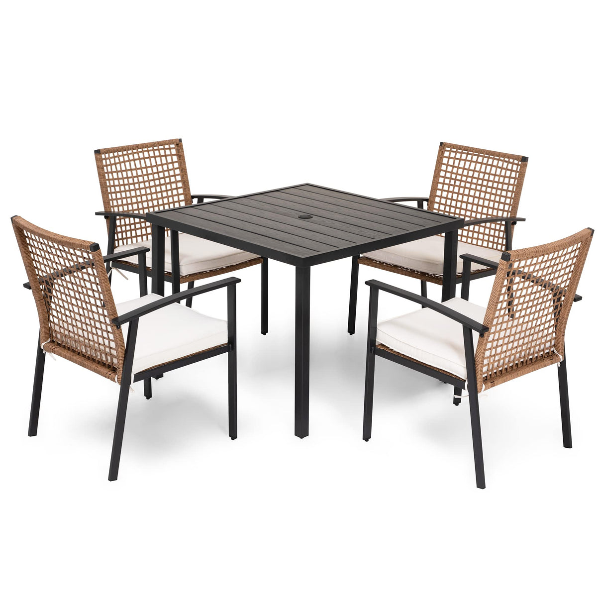 LAUSAINT HOME 5 Pieces Outdoor Patio Dining Set, Wicker Patio Furniture Set of 4 Chairs with Soft Cushion and Square Table with Umbrella Hole, Conversation Set for Backyard, Garden and Poolside LAUSAINT HOME