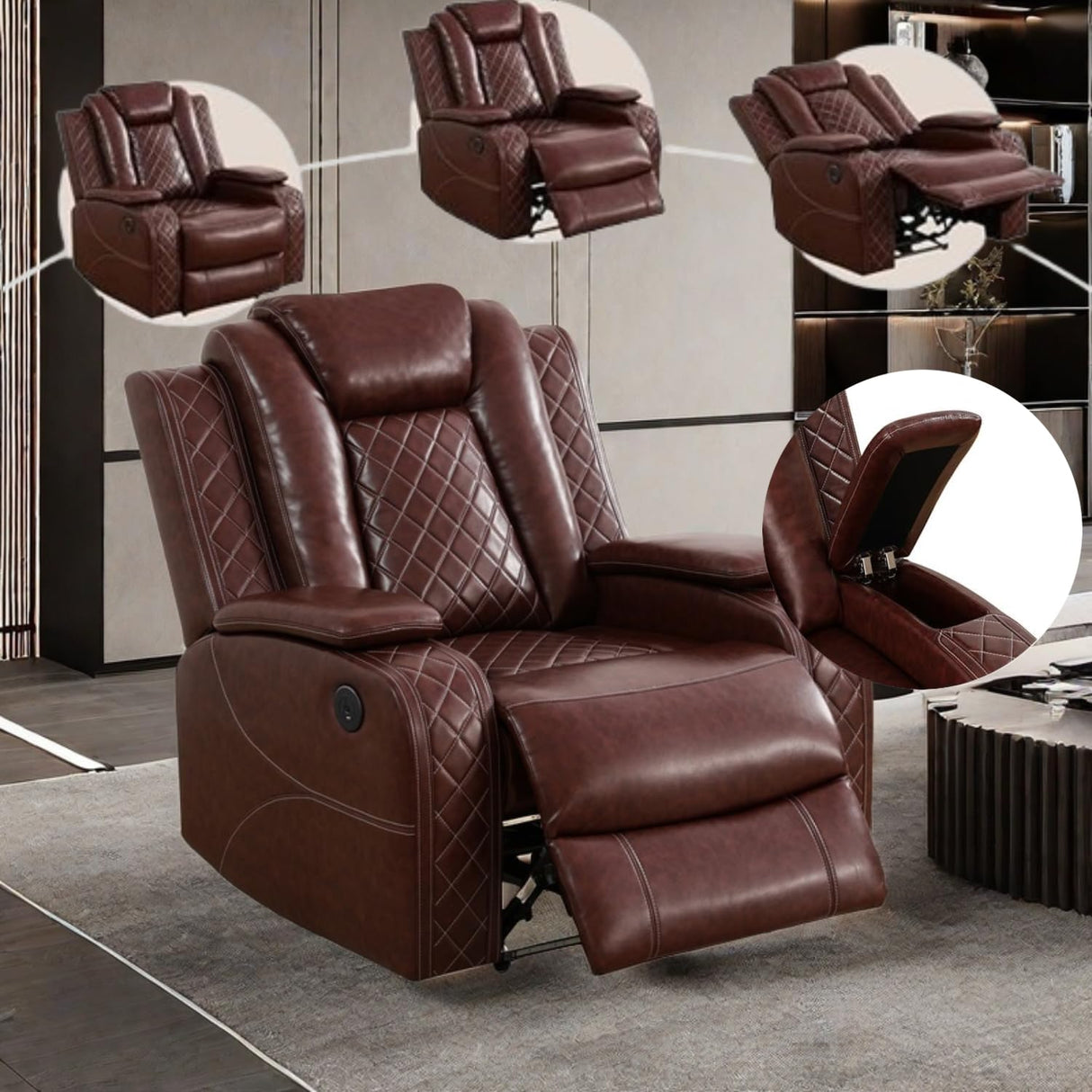 AYCP Furniture Power Recliner Set with LED Lights, Air Leather Reclining Set with USB Port/Wireless Charger/Storage Console/Cup Holder for House/HomeTheater/Apt (Burgundy, Sofa Loveseat Chair) AYCP Furniture