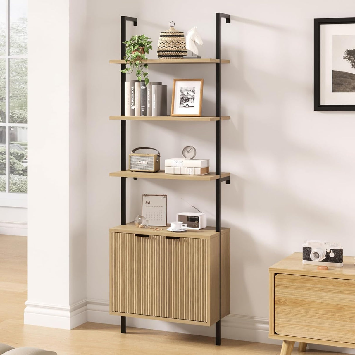Ladder Bookshelf with Cabinet, 71" Tall Wall Bookshlef with Shelves & Storage, Fluted Ladder Shelf with Metal Frame, 6-Tier bookcase Shelf for Living Room, Home & Office, Bedroom, Natural & Black FiveWillowise
