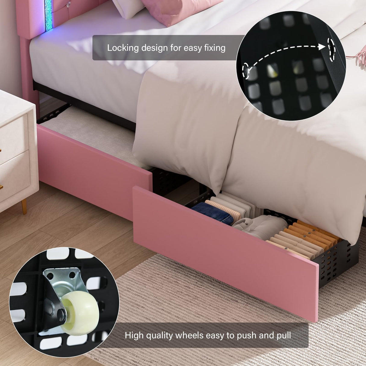 Twin Bed Frames with LED Lights and Storage Drawers, Upholstered Platform Bed with Diamond Headboard, Faux Leather Princess Platform Bed, No Box Spring Needed, Easy Assembly, Pink BarnFurin