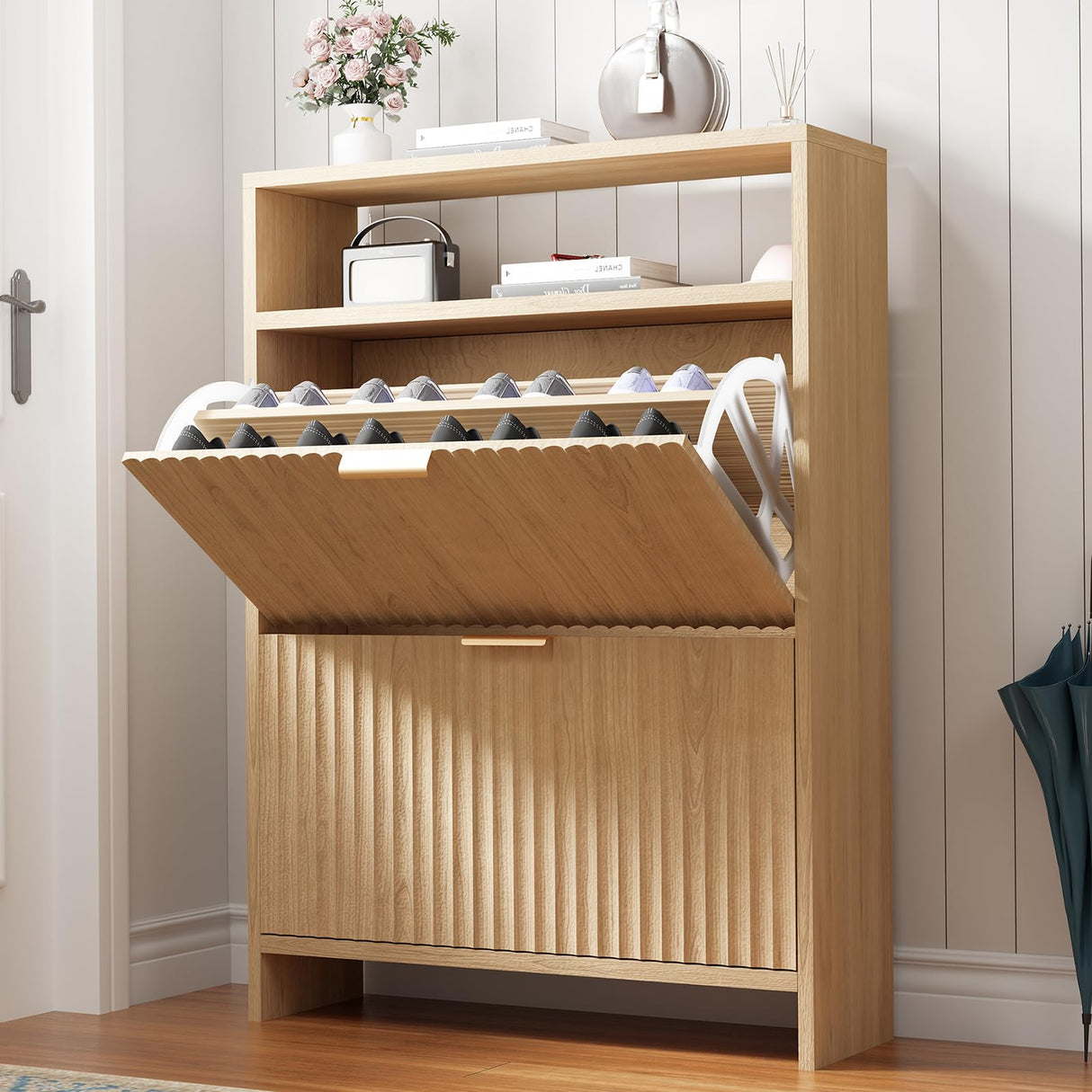 BEWISHOME Shoe Storage Cabinet for Entryway,Narrow Modern Shoe Organizer Cabinet with 2 Flip Drawers,Freestanding Fluted Shoe Organizer for Hallway,Wood,KXG04Y BEWISHOME