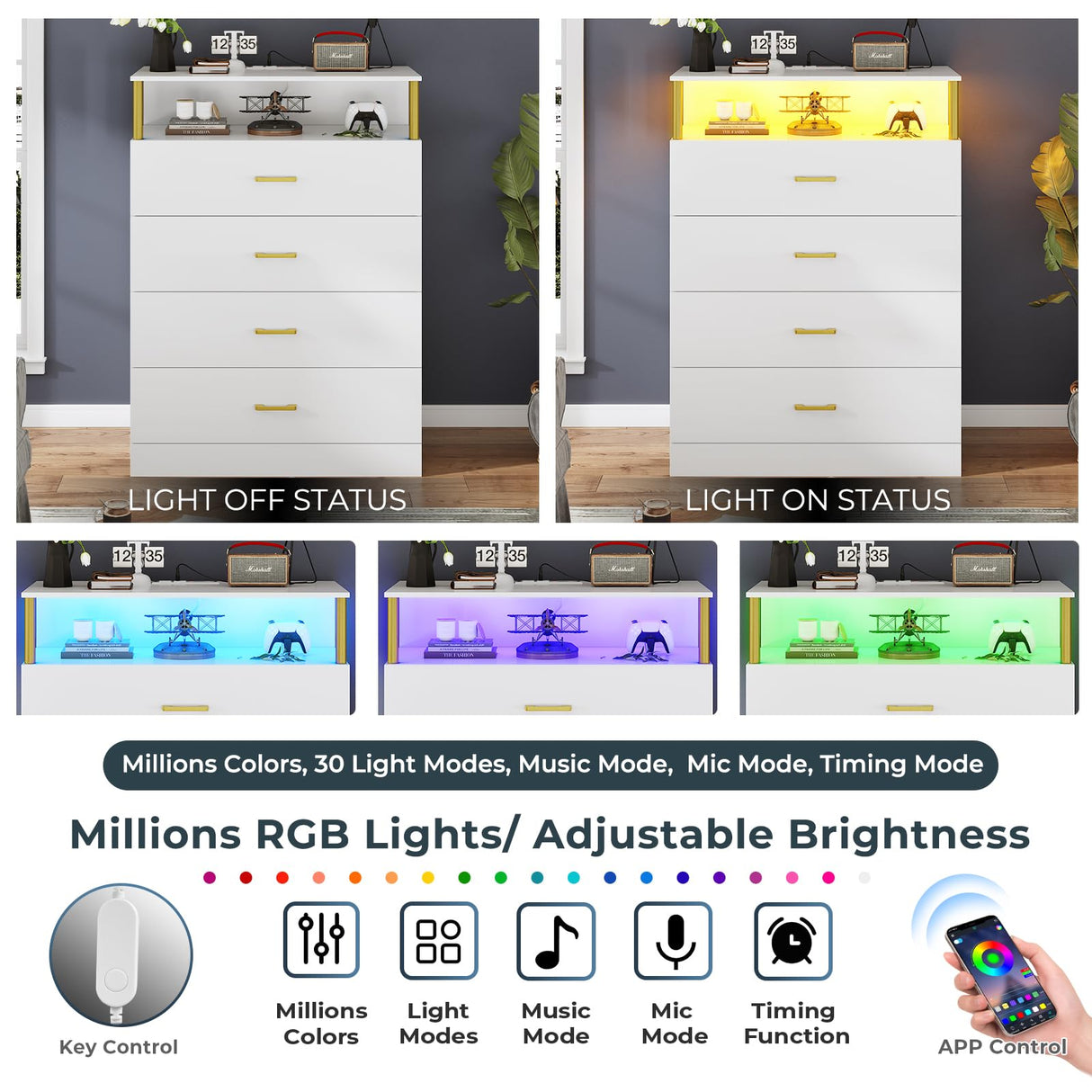 AOGLLATI White Dresser for Bedroom with Column Design, 4 Drawer Dresser with Charging Station, Modern Bedroom Led Tall Dresser for Bedroom Closet AOGLLATI