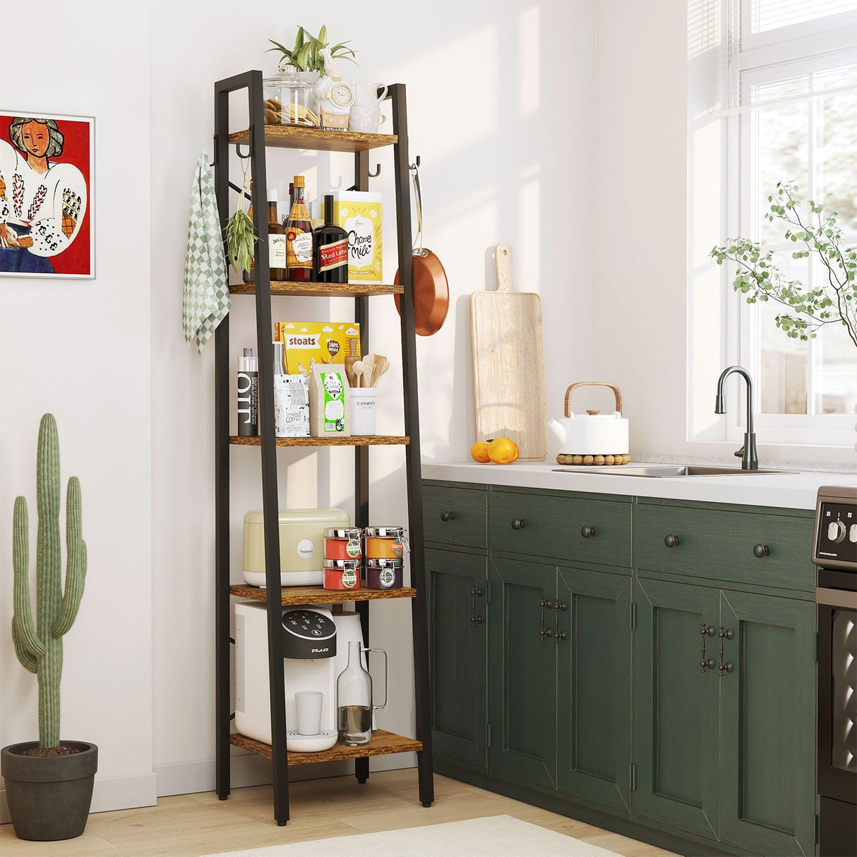 YMYNY 5 Tiers Ladder Bookcase, Industrial Narrow Bookshelf, Open Display Rack with 4 S Hooks, Metal Storage Shelves for Bedroom, Home Office, Living Room, Rustic Brown, 63H*13.4L*11.8W, UHBC025H