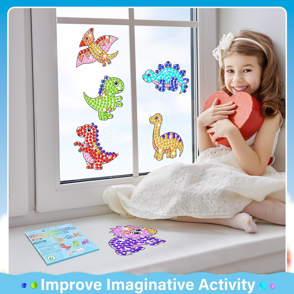 Qyeahkj 6 Pcs Dinosaur Arts Crafts DIY Dino Gem Diamond Suncatcher Crafts for Kids Dinosaur Diamond Painting Gifts Exchange for Kids Aged 4 6 8 10 12 for Home School Party Decor Qyeahkj