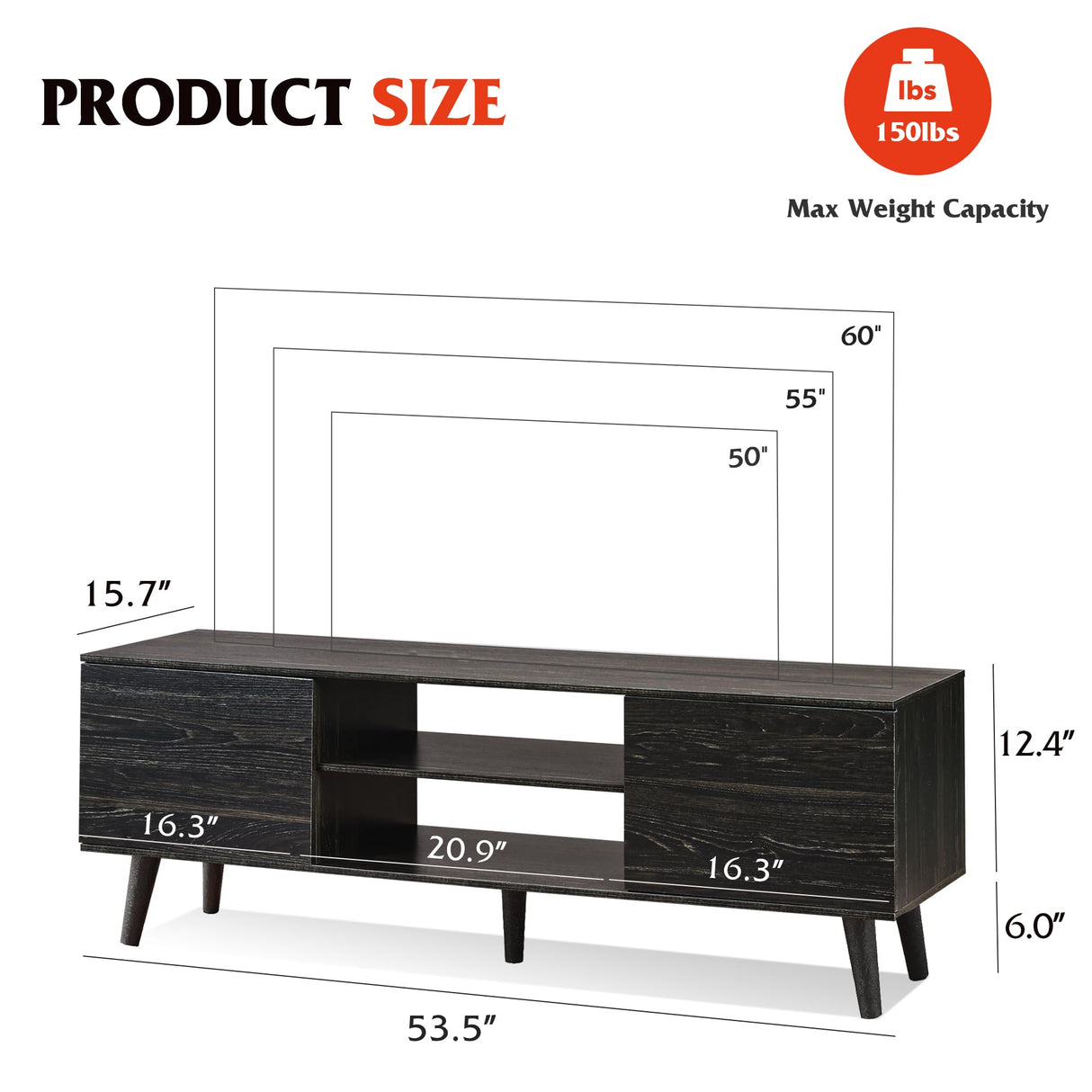 WLIVE TV Stand for 55 60 inch TV, Modern Entertainment Center with Storage Cabinets, Mid Century TV Console Table for Bedroom, TV Stand for Living Room, Charcoal Black WLIVE