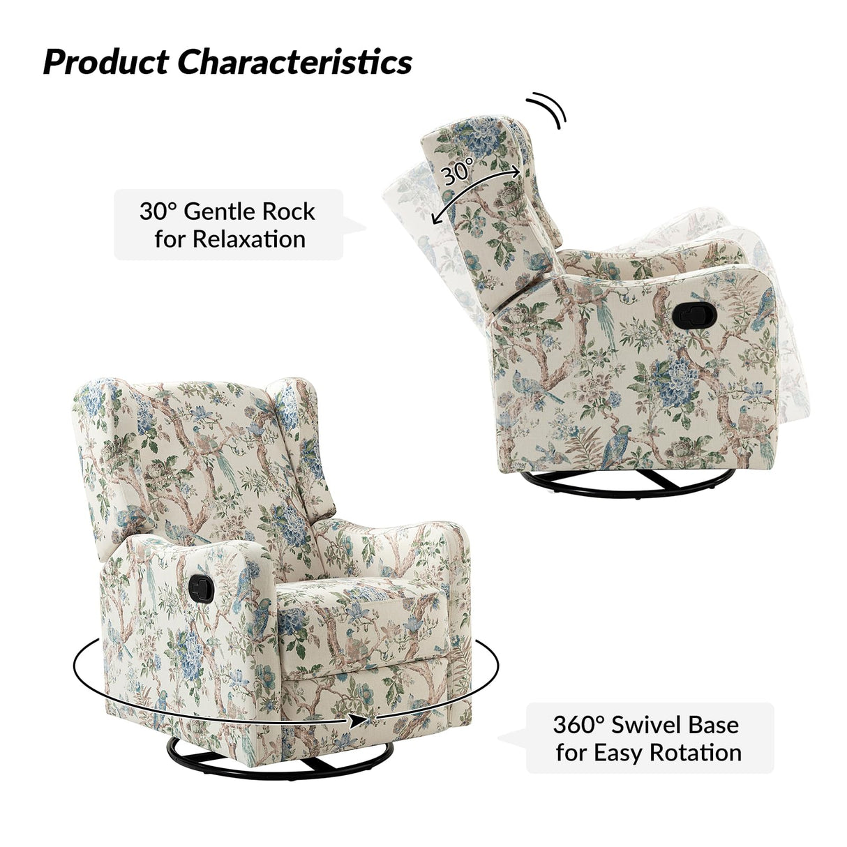 HULALA HOME Printed Fabric Manual Swivel Glider Recliner, Wingback Rocker, Push Back Recliner Chair with Adjustable Backrest & Footrest, Armchair Sofa 360 Degree Swivel for Living Room, Floral HULALA HOME