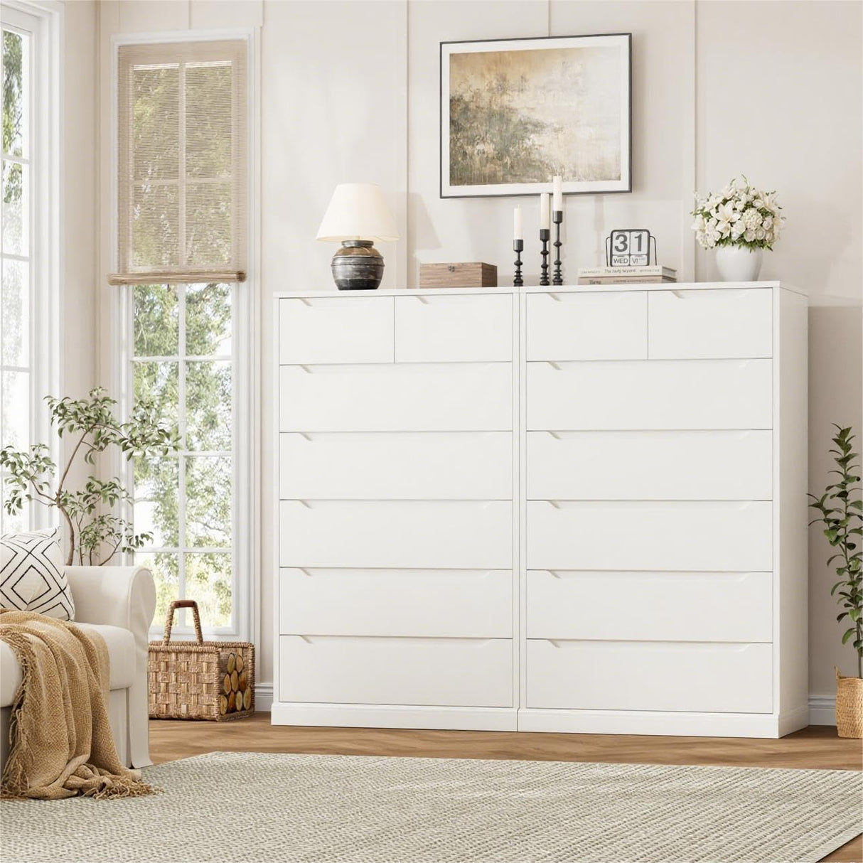 HITHOS 51" Tall 7 Drawers Dresser, Modern White Dresser, Wood Dressers & Chests of Drawers with Cut-Out Handles, Upright Drawer Chest, Accent Vertical Dressers for Living Room, White HITHOS