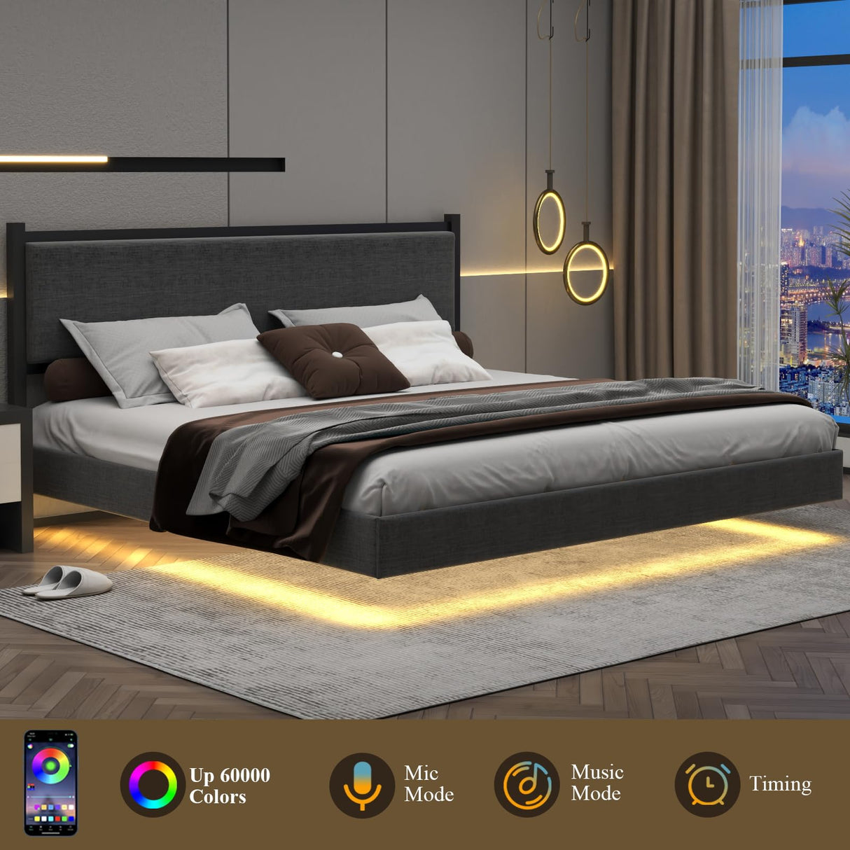 Gyfimoie Modern Grey King Floating Bed Frame with LED Lights and Double Beam Support Gyfimoie