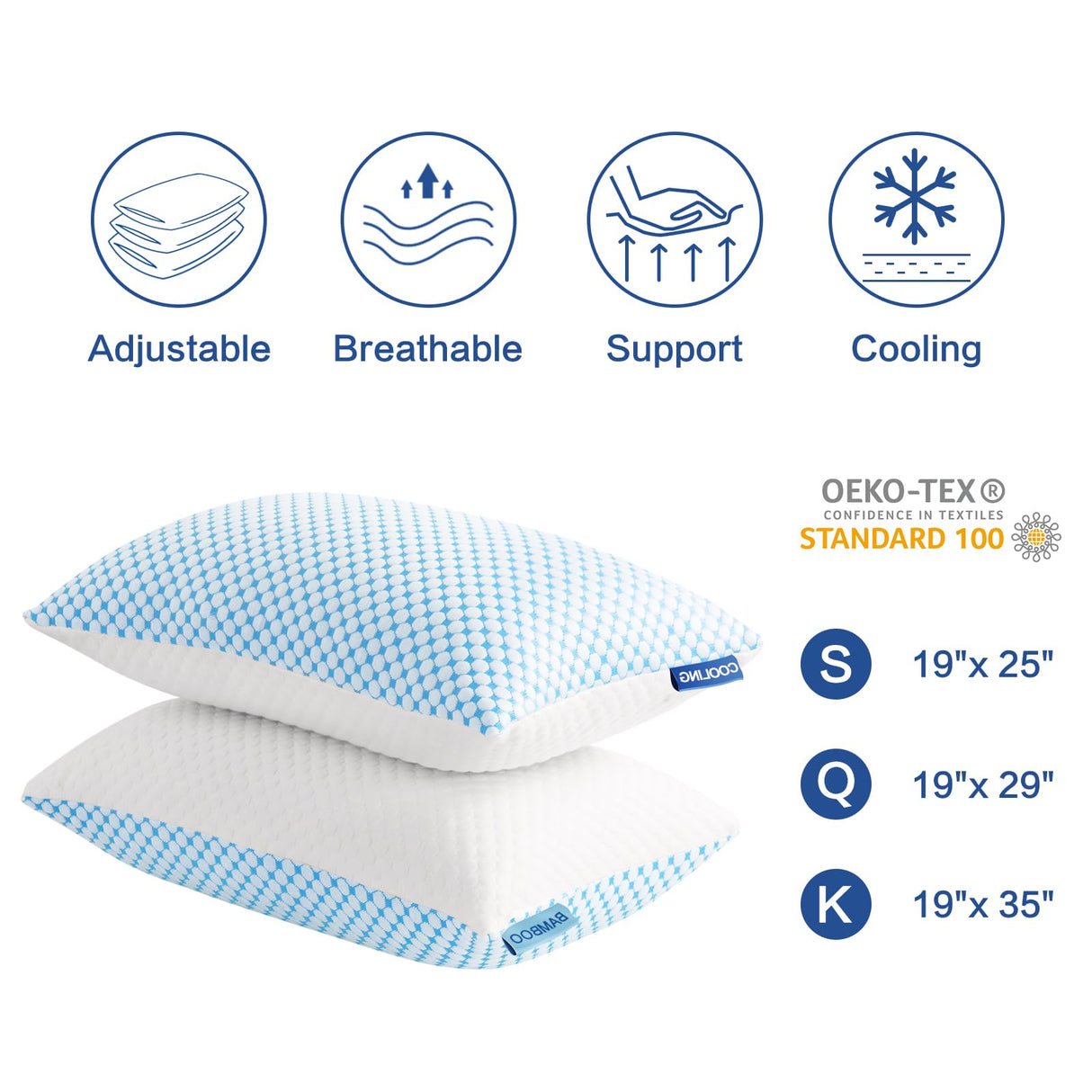 EASELAND Firm Pillow Shredded Memory Foam(Adjustable Loft), Cooling Breathable for Sleeping Queen Size 2 Pack EASELAND