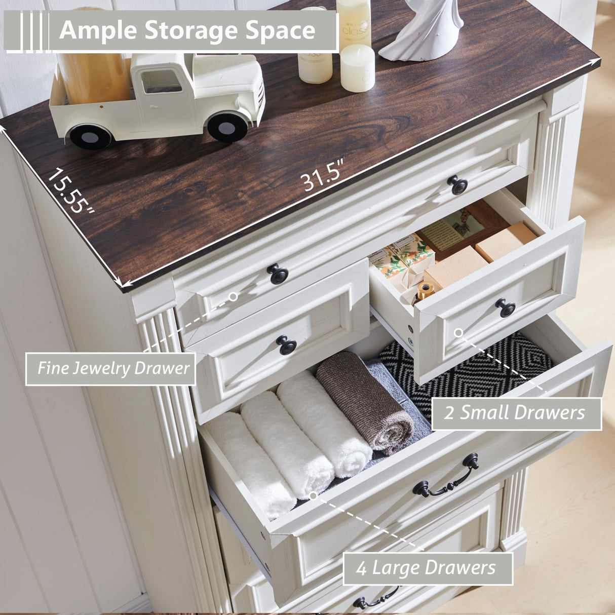 Aitjunz Farmhouse 7 Drawers Dresser for Bedroom, 57" Tall Large Dressers & Chests of Drawers w/Roman Column, Storage Dressers Organizer for Bedroom, Hallway, Living Room, White Aitjunz