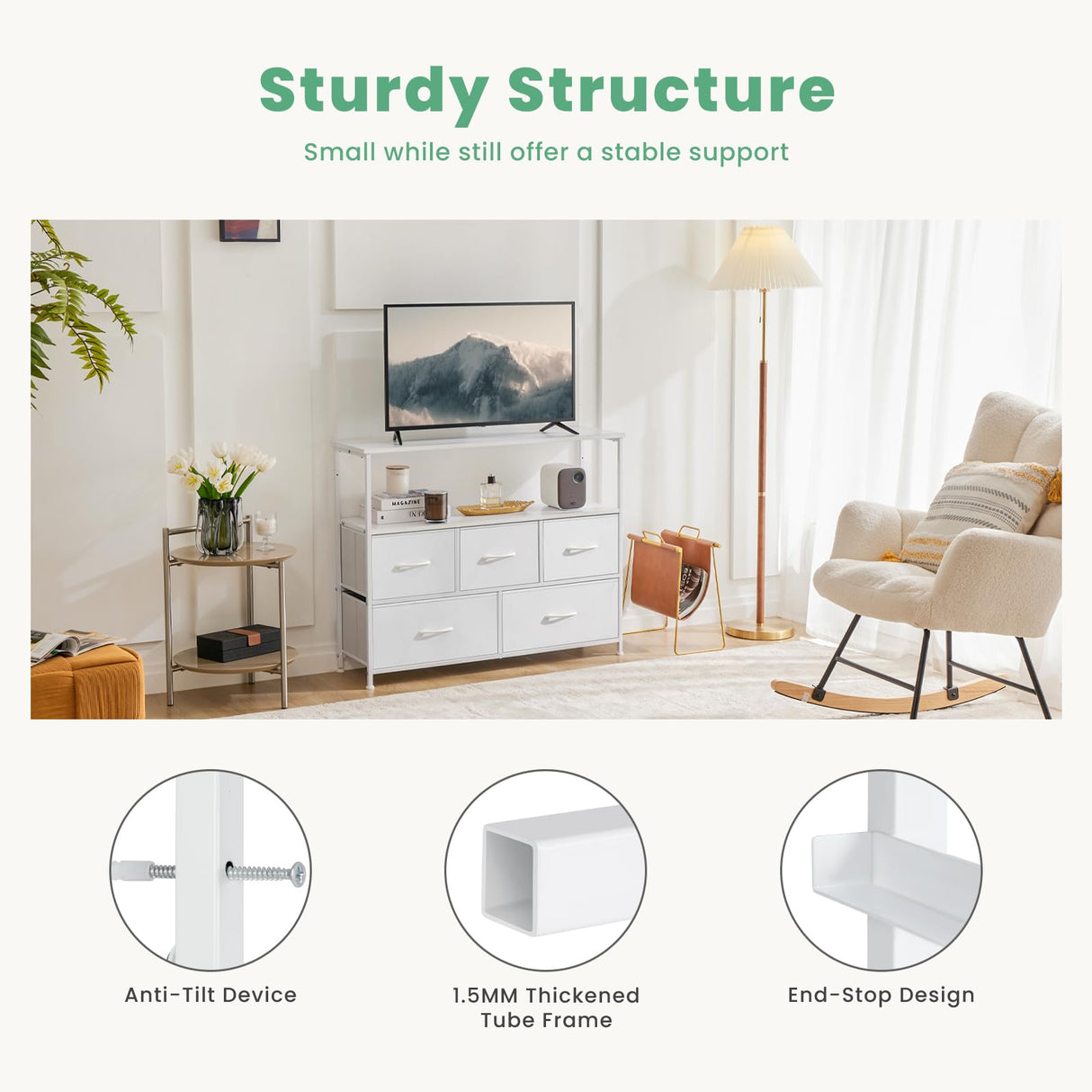 DUMOS TV Stand Dresser for Bedroom with 5 Fabric Drawer,Entertainment Center for 45 inch Television, Media Console Table with Storage, Open Shelf, Adjustable Feet, Living Room Furniture, White DUMOS