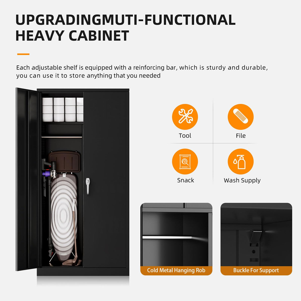 INTERGREAT Metal Wardrobe Cabinets with Lock, 72" Clothing Storage Cabinets with Hanging Rod and 4 Adjustable Shelves, Armoire Wardrobe for Office, School, Employee, Government (Black) INTERGREAT