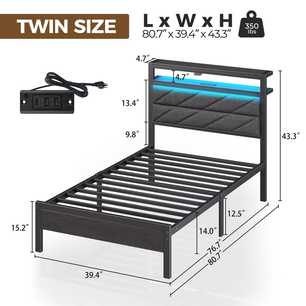 Seventable Bed Frame Twin Size with Charging Station, LED Bed with Upholstered Storage Headboard, Metal Platform Bed with Under Bed Storage, No Box Spring Needed, Noise Free, Easy Assembly, Grey Seventable