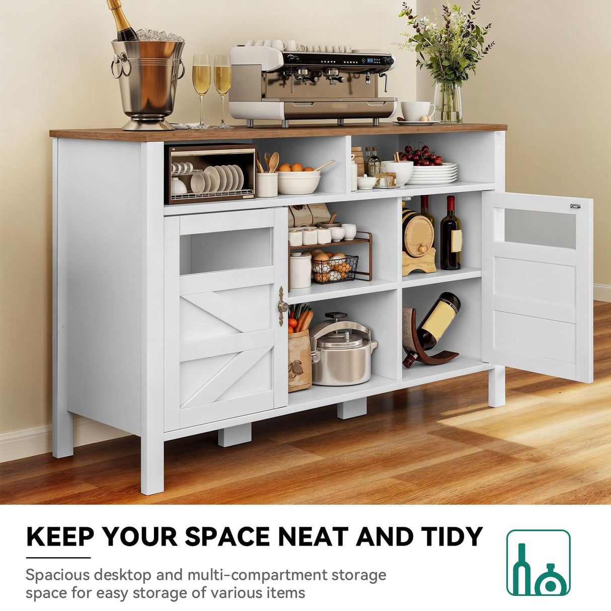 YITAHOME 55'' Farmhouse Buffet Cabinet with Storage, Large Sideboard Cabinet with 2 Doors & Open Storage, Versatile Coffee Bar Table for Kitchen & Living Room (White) YITAHOME