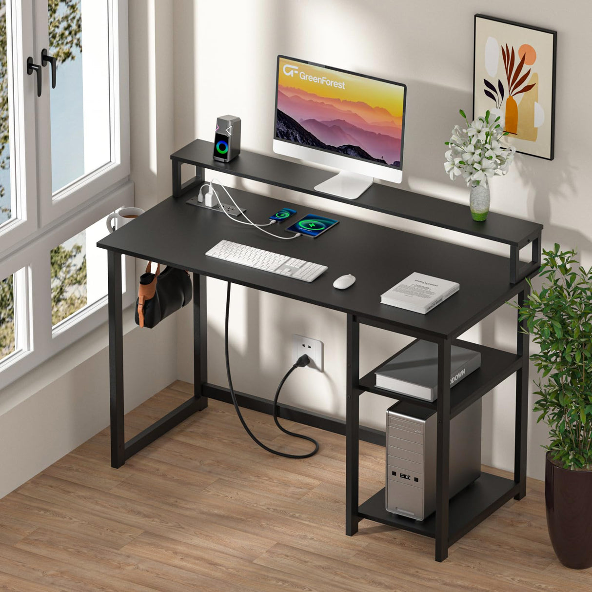GreenForest 47 inch Gaming Desk with Power Outlets, Small Home Office Desk with Ergonomic Monitor Stand, Reversible Computer Desk, Modern Study Desk, Laptop Desk,Black GreenForest