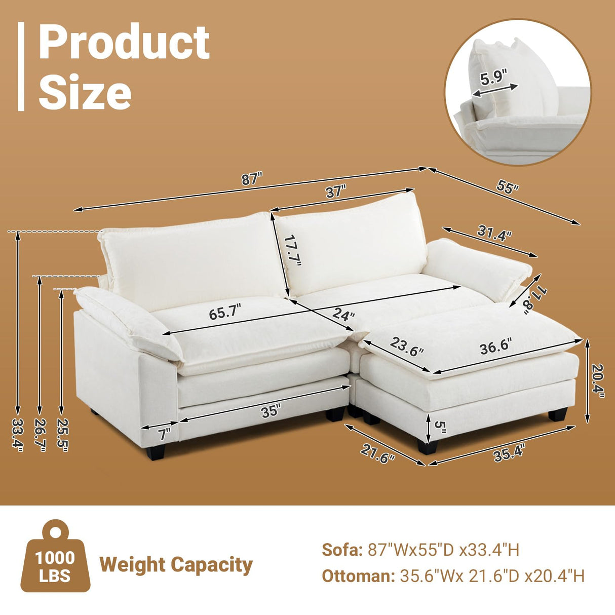 VINGLI 87" Convertible Sectional Sofa,L-Shaped Deep Seat Sofa Couch for Living Room,Modern 2-Seat Loveseat Sofa with Ottoman for Small Space(Creamy White, 87") VINGLI