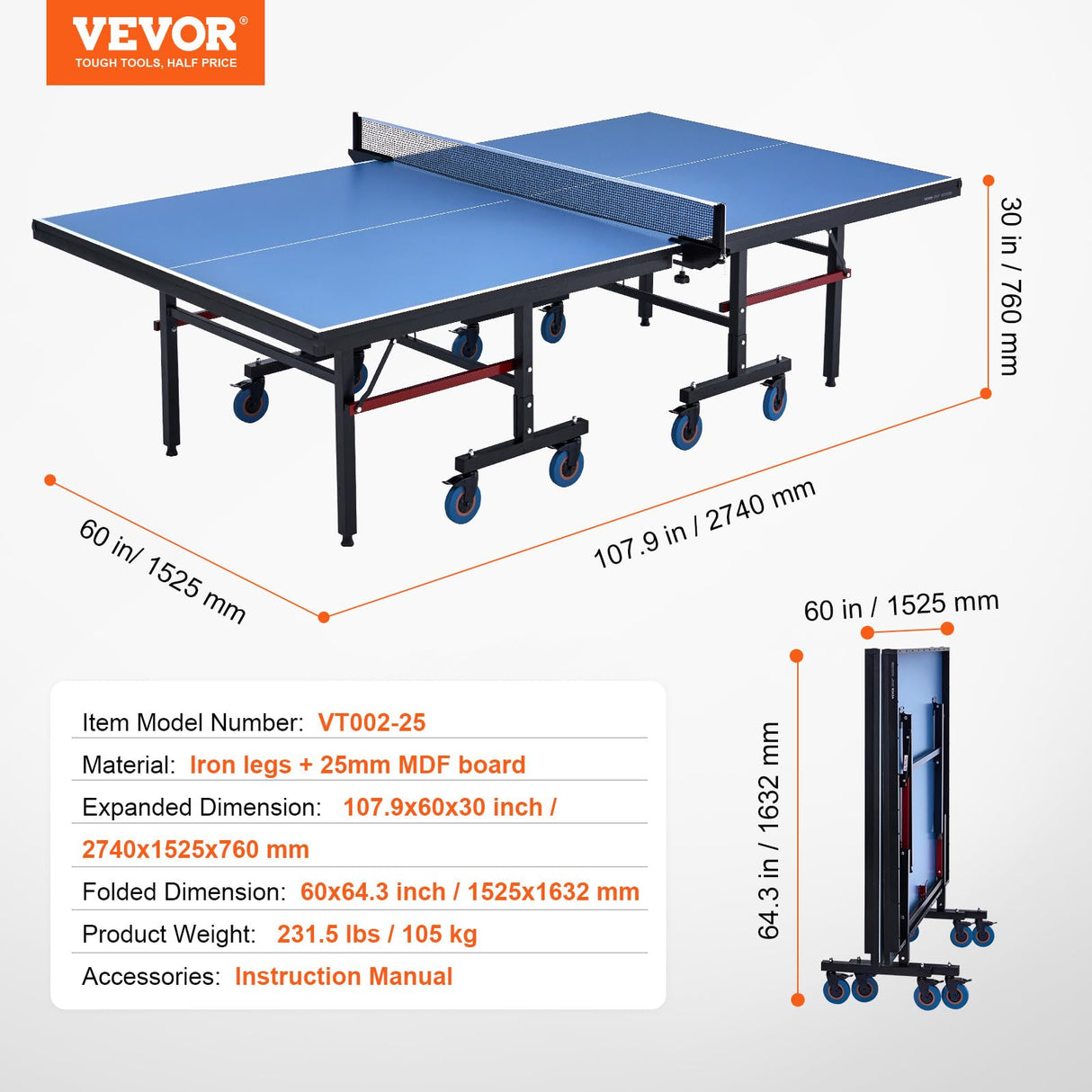 VEVOR Ping Pong Table, Professional Table Tennis Game, Indoor MDF Portable Table Tennis Table, Foldable Ping Pong Table with Quick Clamp Net and Lockable Wheel, 10 Minute Easy Assembly, 25mm Tabletops VEVOR