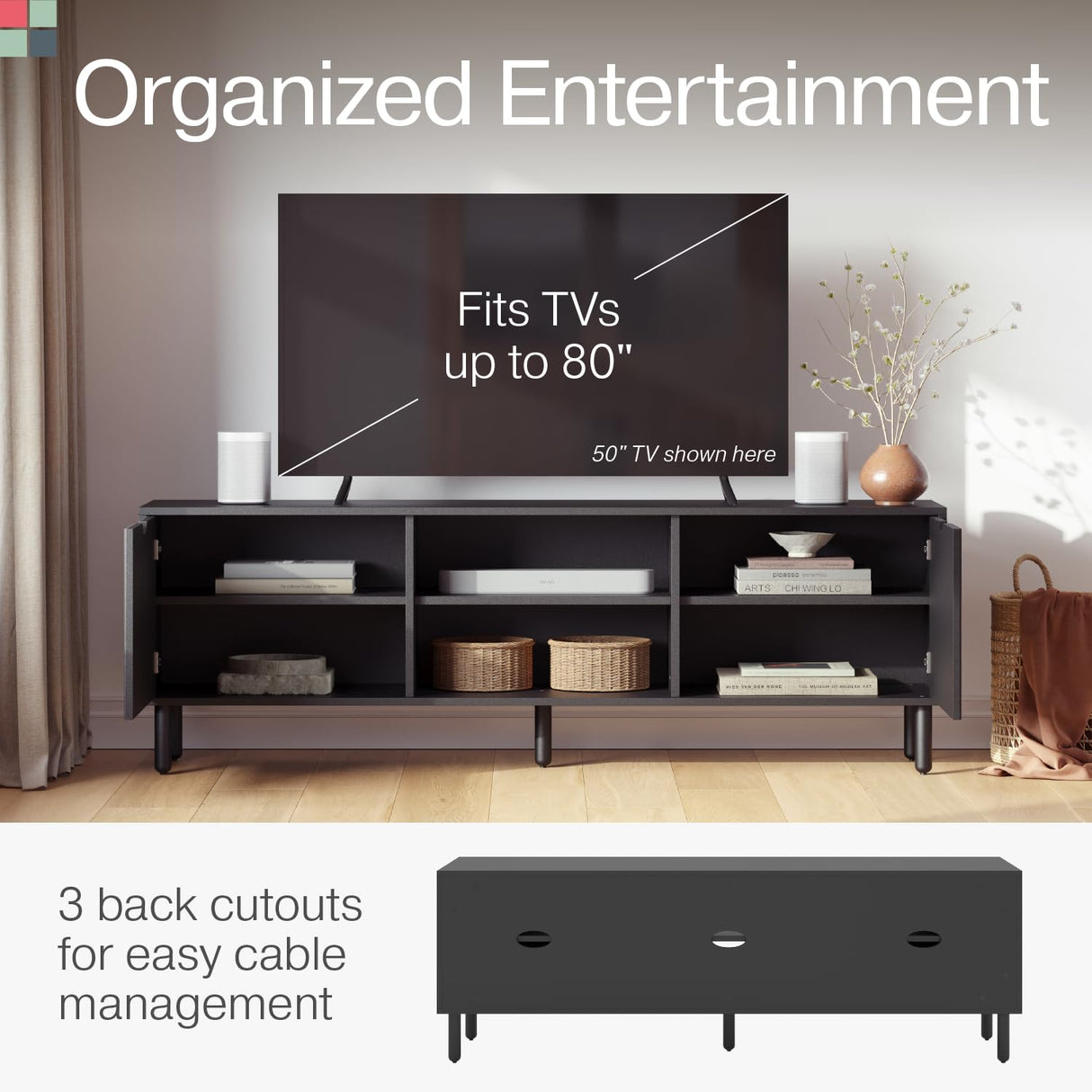 Contemporary Fluted TV Stand - Media Console - 70 Inch Entertainment Center with Storage - Console Table for Living Room and Bedrooms - Supports 32 to 80" TVs - Soft-Close Cabinet Doors (Black) Stead