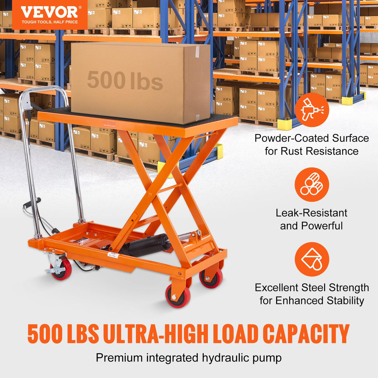 VEVOR Hydraulic Lift Table Cart, 500lbs Capacity 28.5" Lifting Height, Manual Single Scissor Lift Table with 4 Wheels and Non-Slip Pad, Hydraulic Scissor Cart for Material Handling, Orange VEVOR