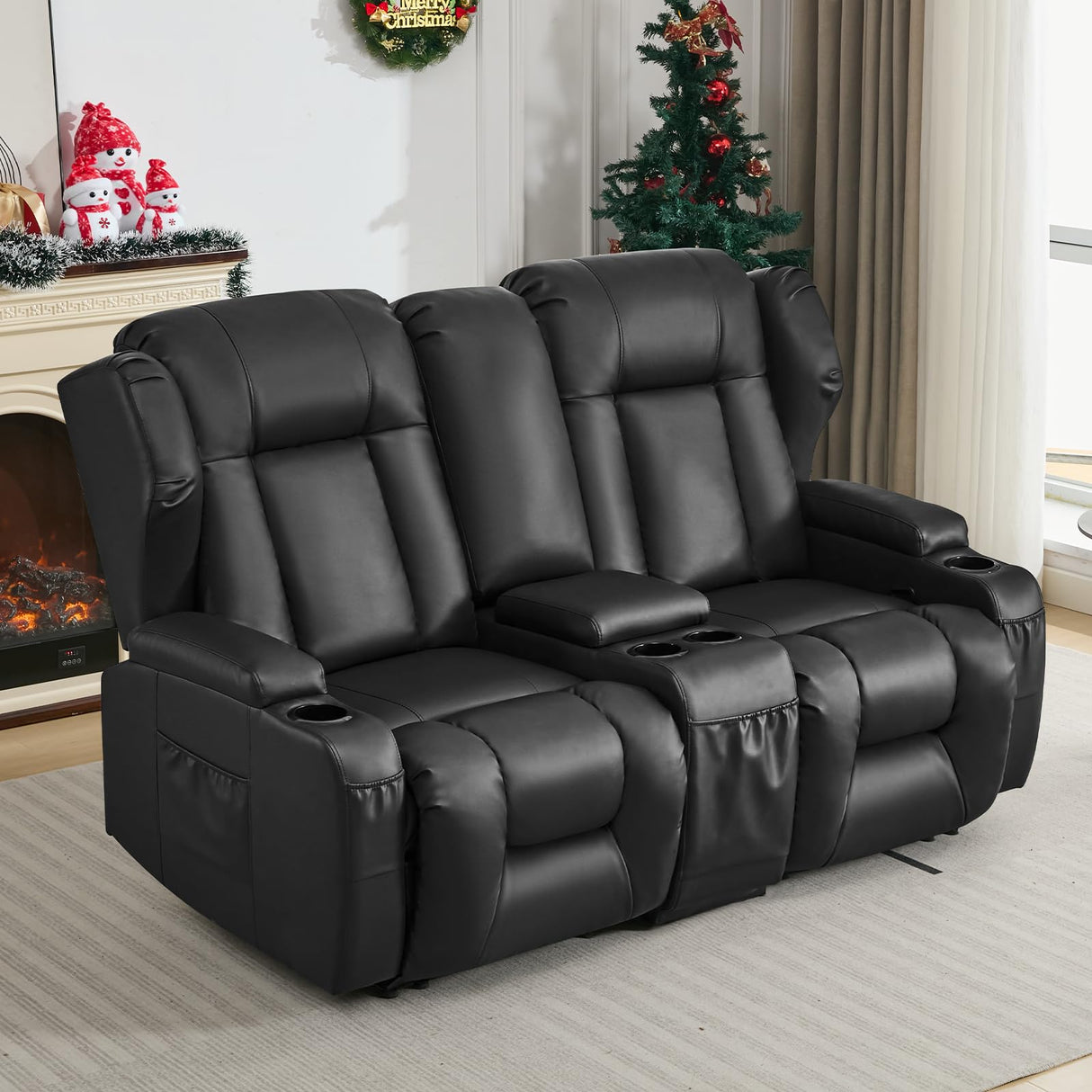 SAMERY 65.5" RV Loveseat Recliner Double Recliner RV Sofa & Console | Wall Hugger Loveseat Reclining RV | RV Theater Seats | RV Couch | RV Home Theater Seating Furniture (Faux Leather Black) SAMERY