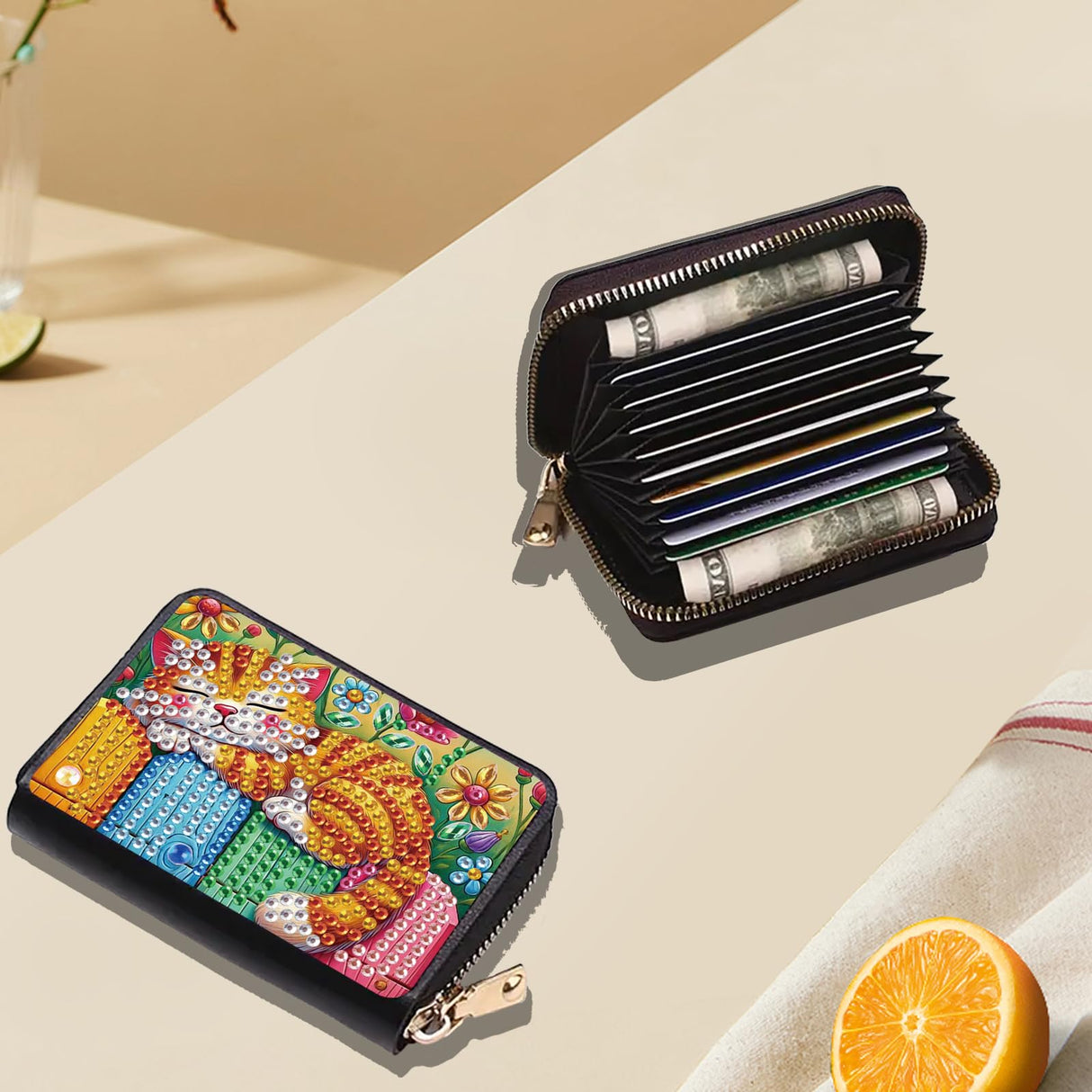 JZHYOAN Cat Diamond Art Zipper Business Small Wallet, 4.33x3.14x0.98 Inch Diamond Art Credit Card Holder, DIY Anti-demagnetization Card Holder Wallet for Woman Adult Man Family JZHYOAN