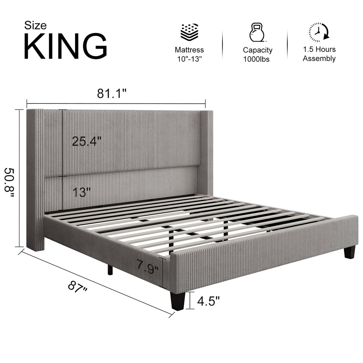 HOWE King Size Upholstered Platform Bed Frame, Wingback Bed with 50.8" Headboard, Corduroy/Solid Wood Leg/No Box Spring Needed/Noise Free/Taupe HOWE