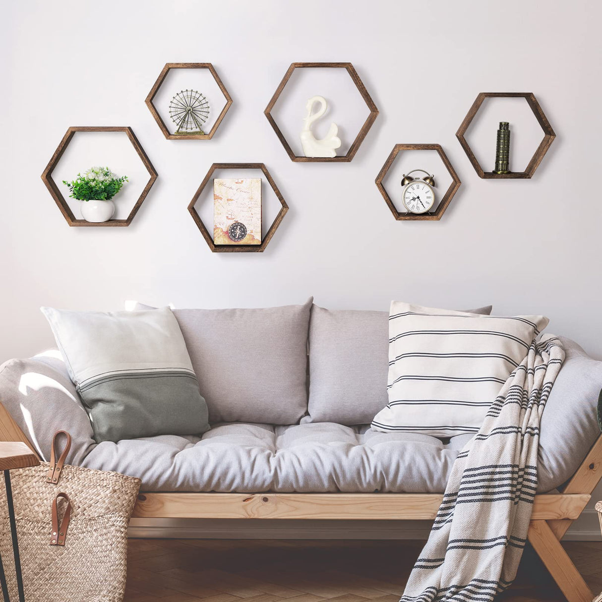 Hexagon Floating Shelves Set of 6 Farmhouse Honeycomb Wall Storage Shelf Wood Display Hexagonal Shelves Wall Mounted Hanging Rustic Shelf Racks for Bedroom Living Room Hallway Office Decor, Brown CADUKE