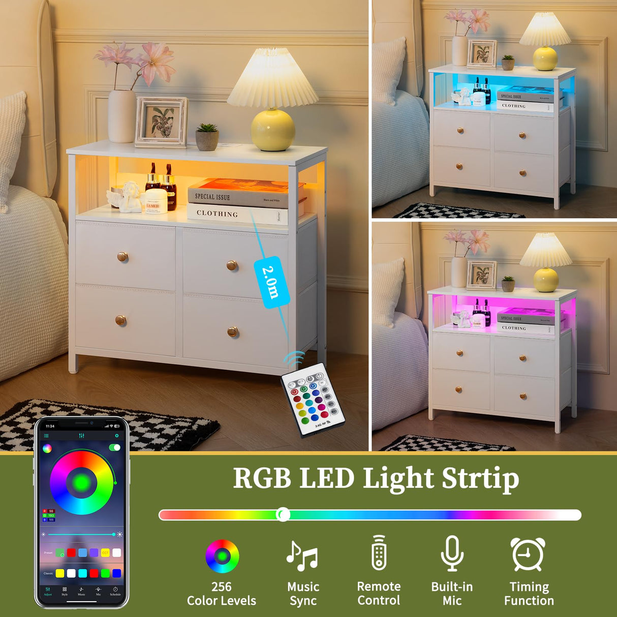 Yoobure Night Stand with Charge Station, Nightstand with 4 Drawers Bedside Table, LED Dresser with Storage Shelf, Night Stands for Bedroom, Side Table 3-Tier Wood End Table for Home, Office White Yoobure