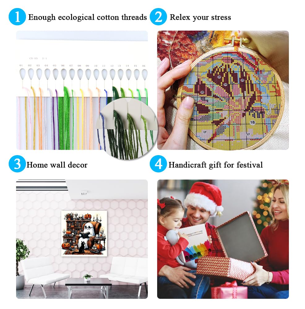 Ghost Stamped Cross Stitch Kits for Beginner, Halloween Needlepoint Cross Stitch Kits for Adults, 11 CT Patterns Dimensions Counted Cross Stitch Arts Craft Kits 14x14in (Without Frame) LWZAYS