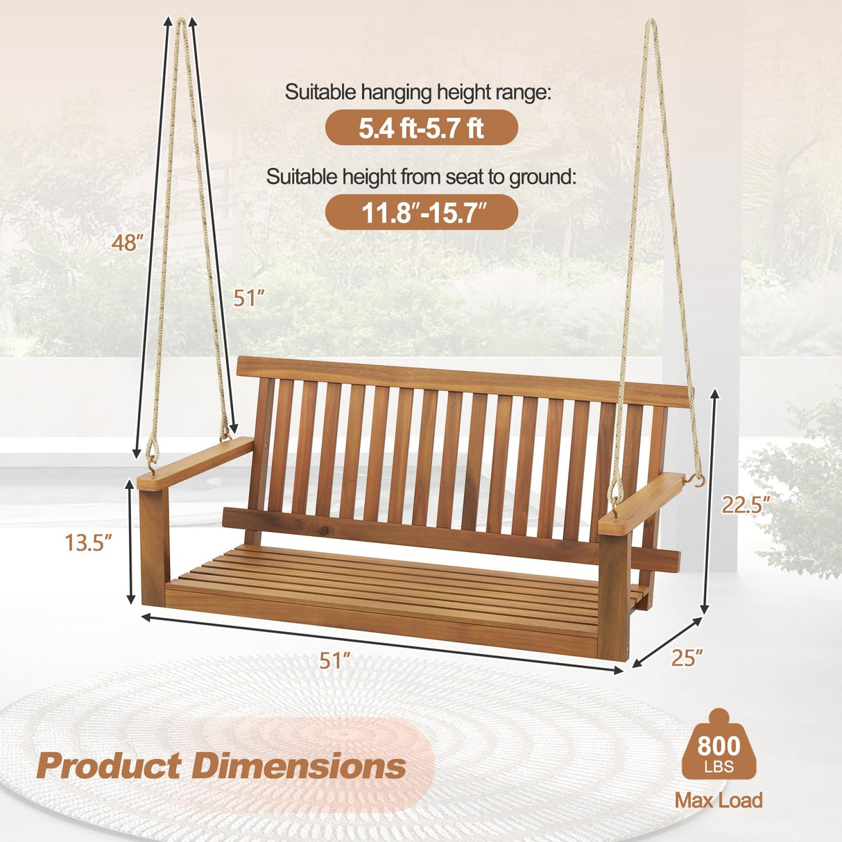 Tangkula 2 Person Hanging Porch Swing, Wooden Patio Swing with 2 Hanging Hemp Ropes, Slatted Seat & Back, 800Lbs Acacia Wood Outdoor Swing Bench for Backyard Deck Garden Tangkula