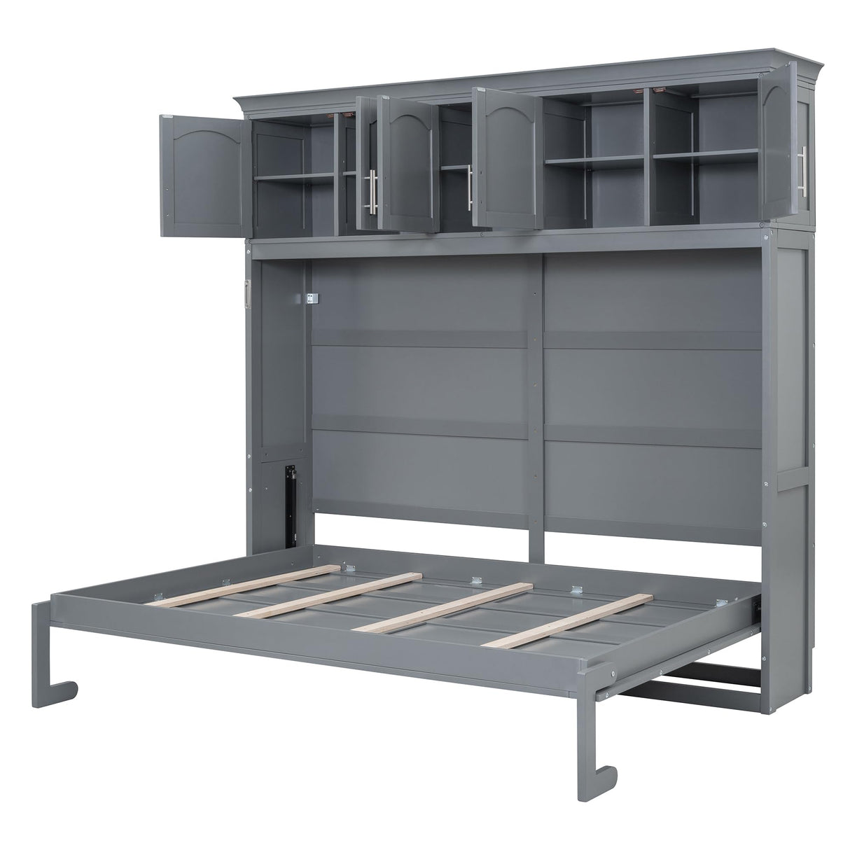 Ball & Cast Queen Size Murphy Bed with Top Storage Lockers and Metal Chain,Wood Hidden Closet Bed W/Slats Support,Space-Saving,Easy Assembly,for Bedroom,Guest Room,Home,Office,Gray Ball & Cast