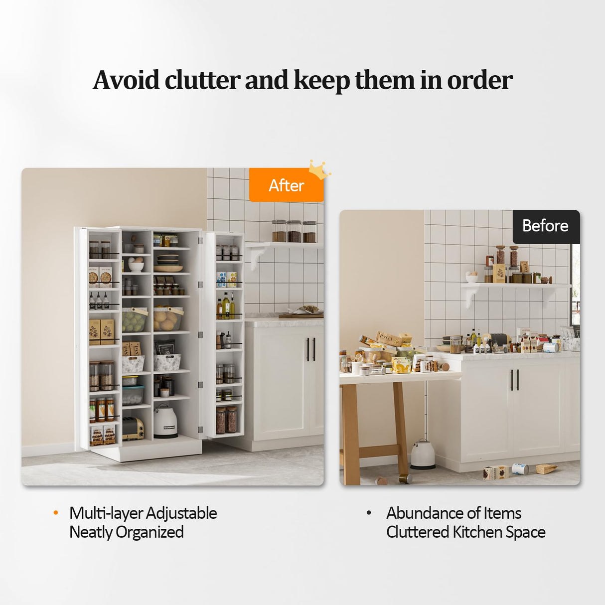 VINGLI Pantry Cabinet,59" Tall White Kitchen Storage Cabinet with 2 Doors and Adjustable Shelves, Food Storage Freestanding Cupboard for Small Space in Dining Room, Living Room VINGLI