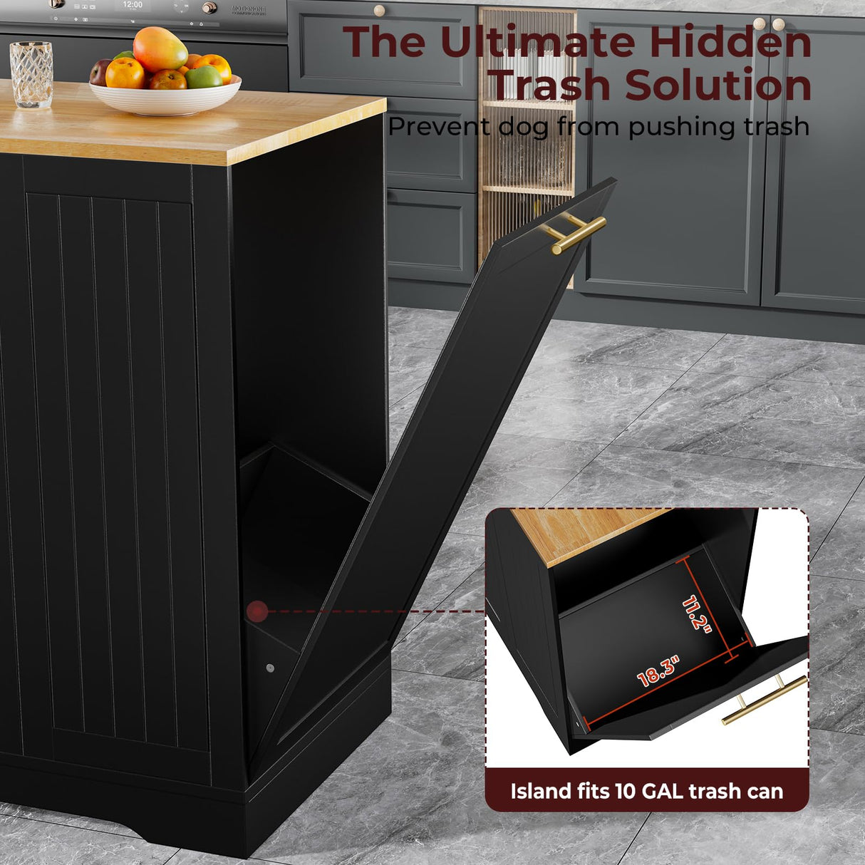 Lyromix 53" Long Kitchen Island with Trash Can Storage, Black Kitchen Island with Garbage Bin 10 Gallon, Portable Island with Trash Can, Wood Top, Spice Rack and Drawers Lyromix